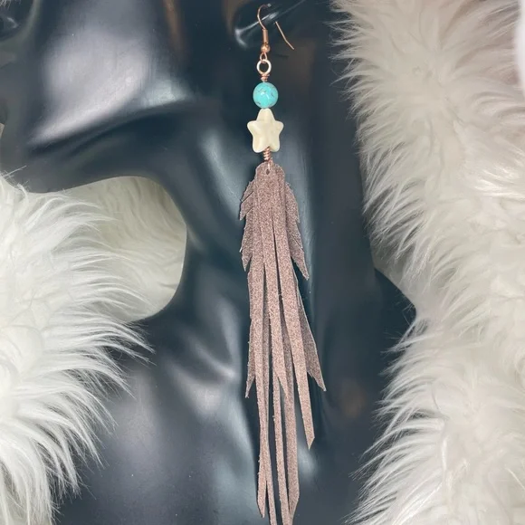 Howlite Gemstone And Turquoise Genuine Brown Leather Fringe Earrings - Picture 3 of 15